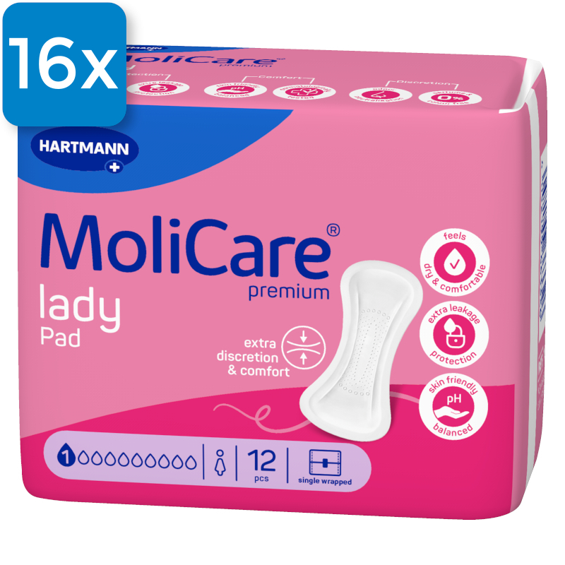Die Vorderseite einer Packung Molicare Premium Lady Pad 1 Tropfen. Oben links ist ein blaues Viereck mit der Aufschrift "16x", welche aussagt, dass 16 Packungen in einem Karton enthalten sind.